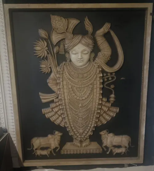 Hand Carved Antique Marble Shreenathji Wall Mural for Luxury Mandir Wall Decor